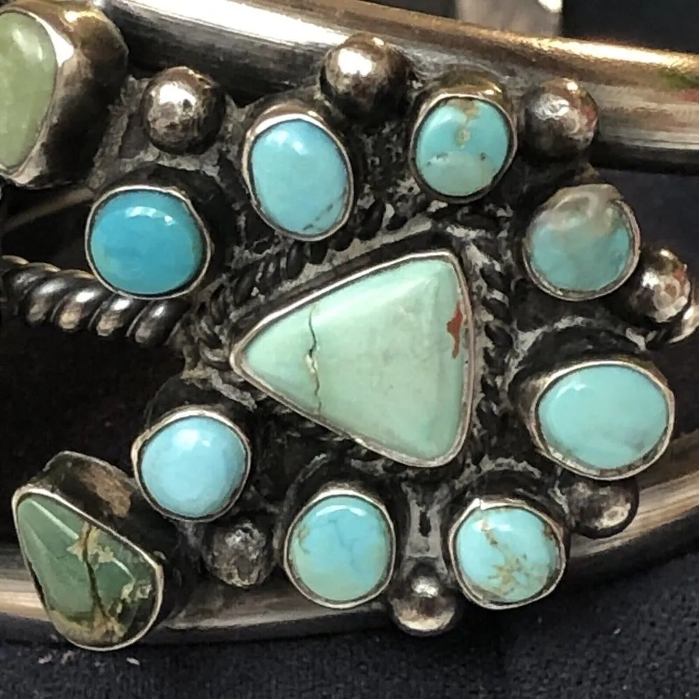 Indian 70 grams Sterling Silver Turquoise Cluster Bracelet Signed - Image 7