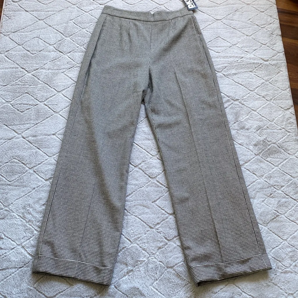 VTG Deadstock DKNY 100% Wool Wide Leg Houndstooth Cuffed Dress Pants - Image 2