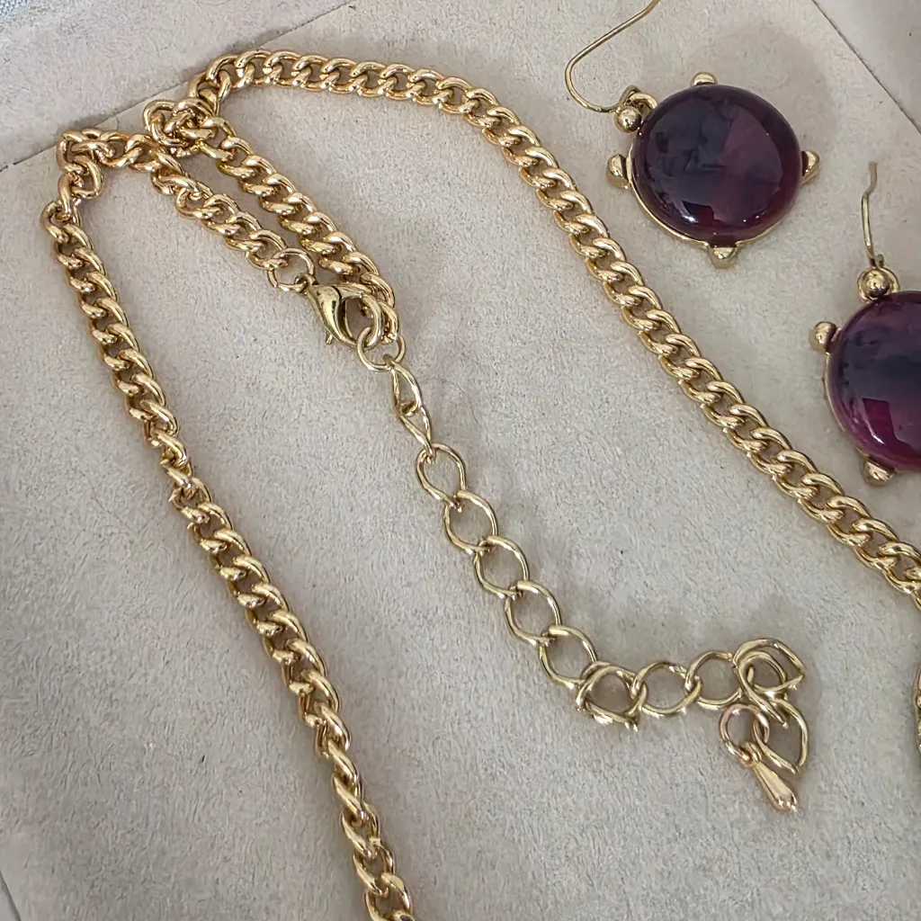 Gold Chain with Purple Neckkace and Earrings Set - Image 6