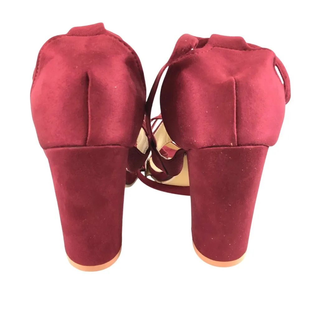 Womens Heels Strappy Lace Up Block Heel Open Toe Faux Suede Red Size 40 US 9 - Image 3