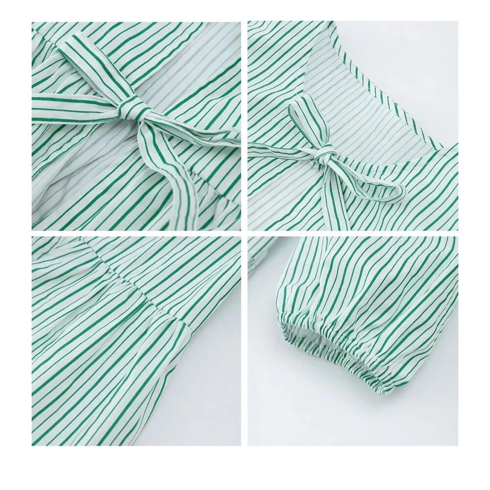 NEW~ Green Striped Tie Front Top Babydoll Long Sleeve Peplum Babydoll Shirt L Size L - Image 7