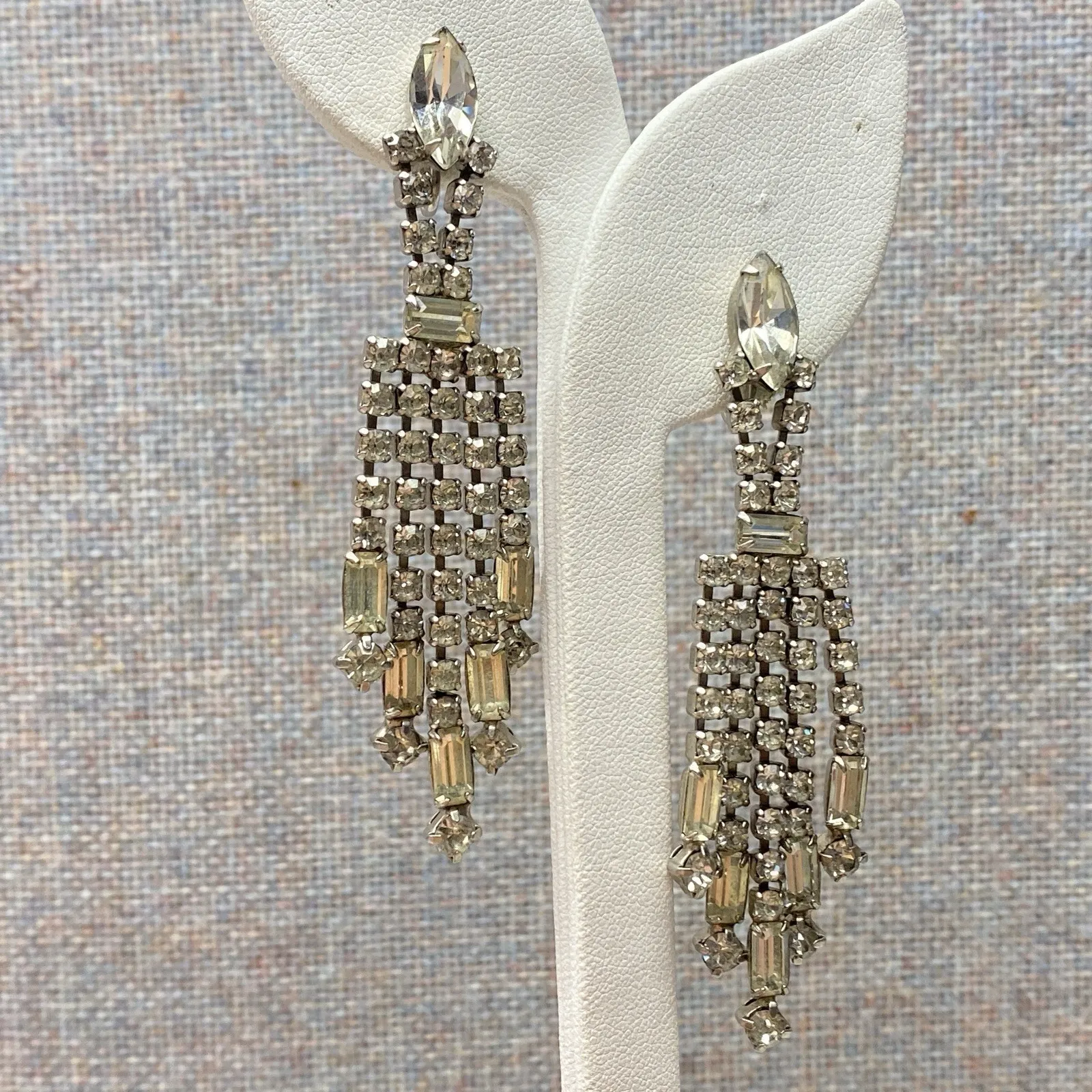 Vintage Rhinestone Clip On Earrings 3" Drop 5 Strands Screw Back Old Money Silver - Image 2