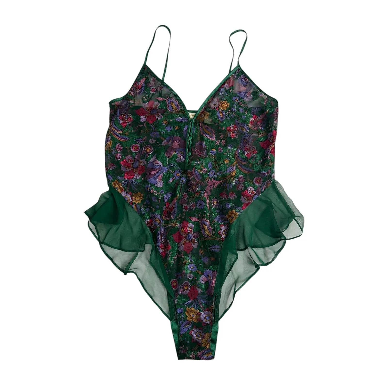 Victoria's Secret Gold Label Vintage Green Floral Sheer Robe Teddy Set - Image 4