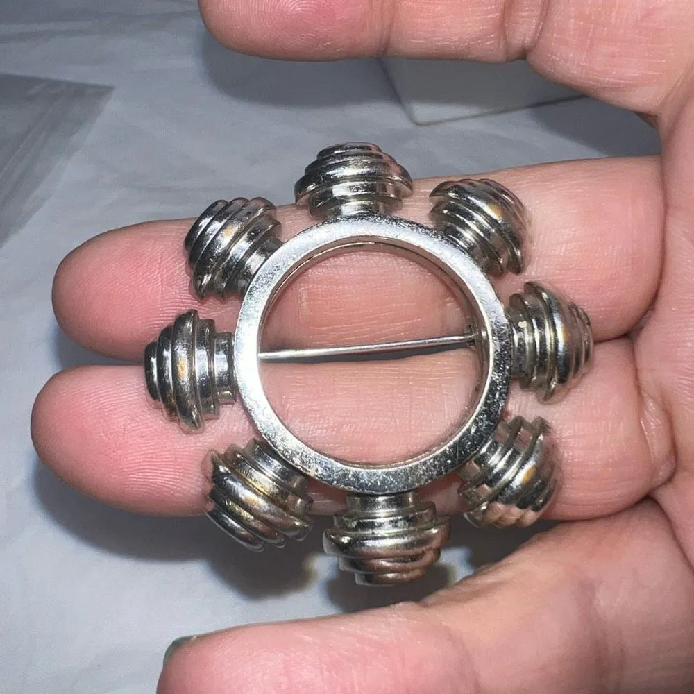 Vintage Silver Tone Industrial Circular Brooch - Image 5