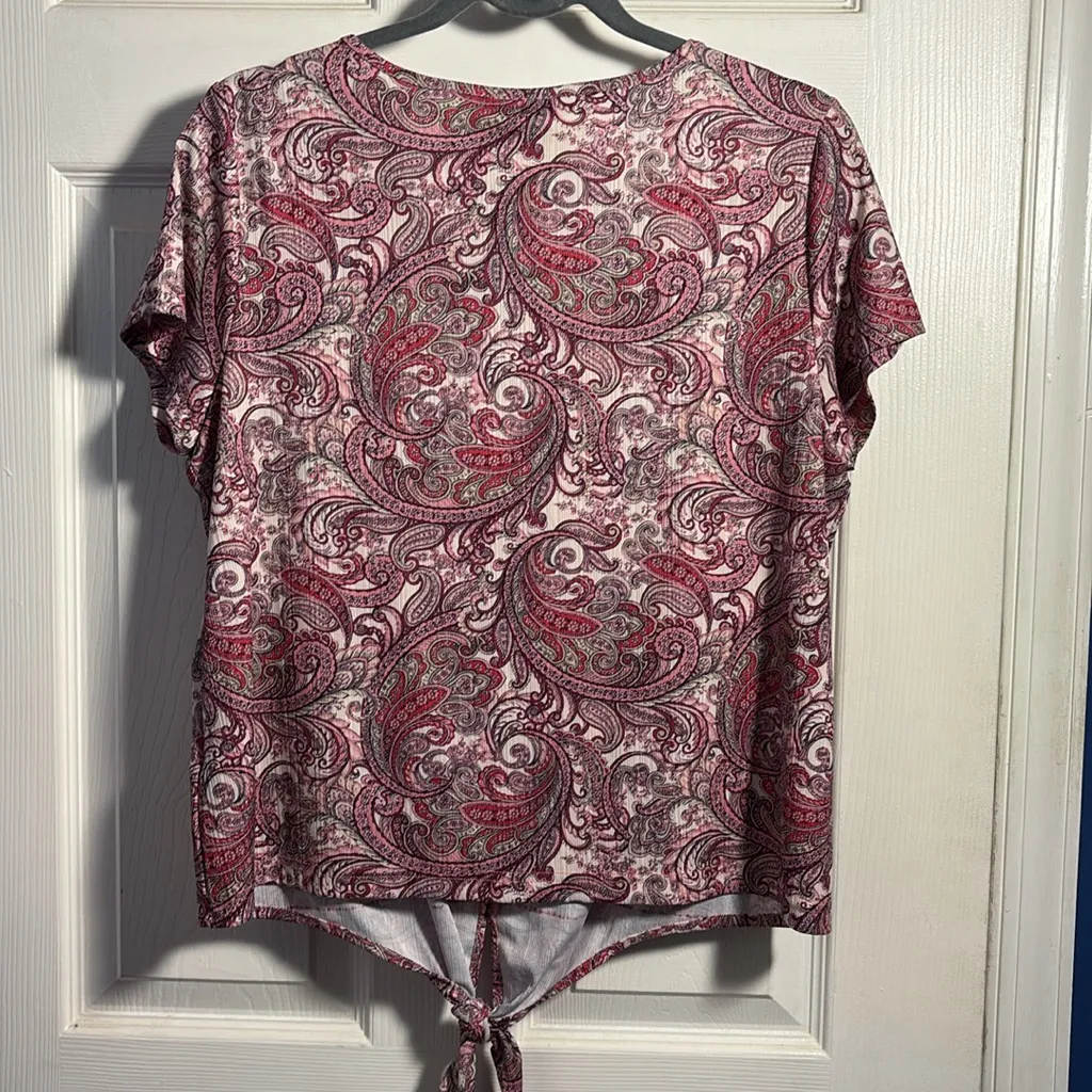 Emaline Petite Pink Paisley Front Tie-Front Blouse Top PL - Image 2