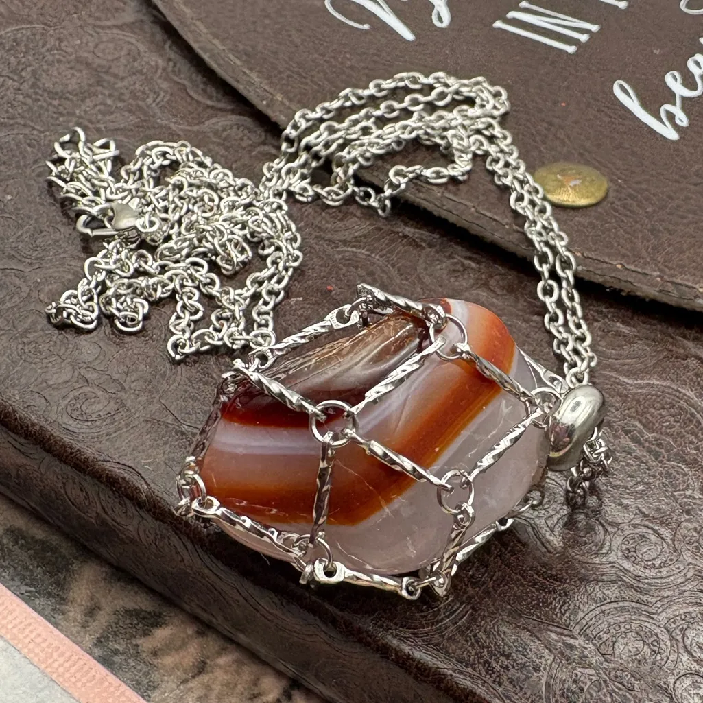 Handmade Agate Gemstone Pendant Necklace 24” Stainless Steel Boho Indie - Image 3
