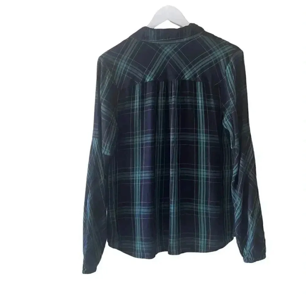 CABI Women’s Green Navy Big Sur Plaid Viscose Soft Long Sleeves Blouse Size M - Image 7