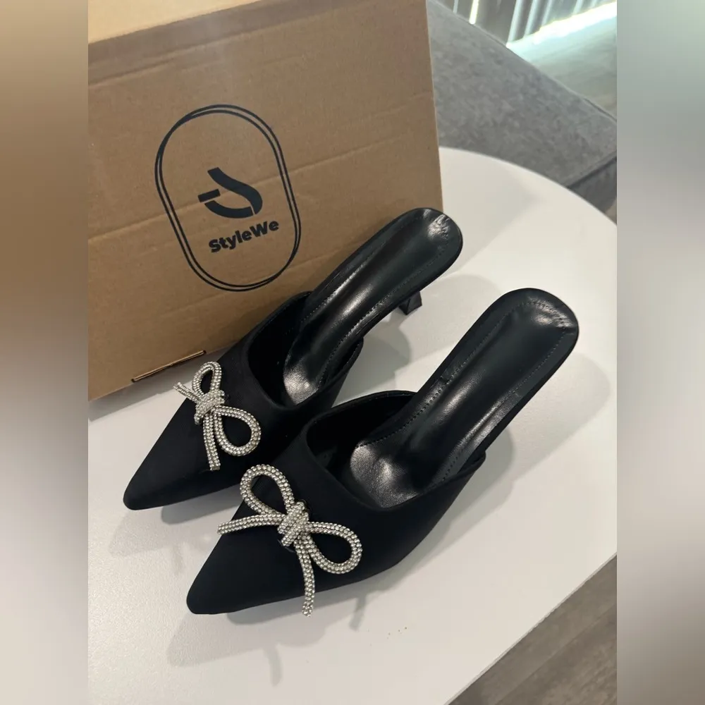 STYLEWE Elegant Black Women's Mules with Rhinestone Bow🌻 Size 8 - Image 8