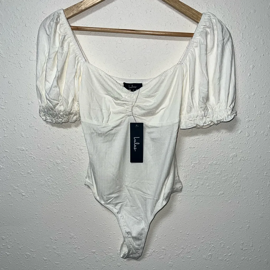Romantic Inclination Ivory Ribbed Knit‎ Puff Sleeve Bodysuit Women’s Size Small White - Image 3