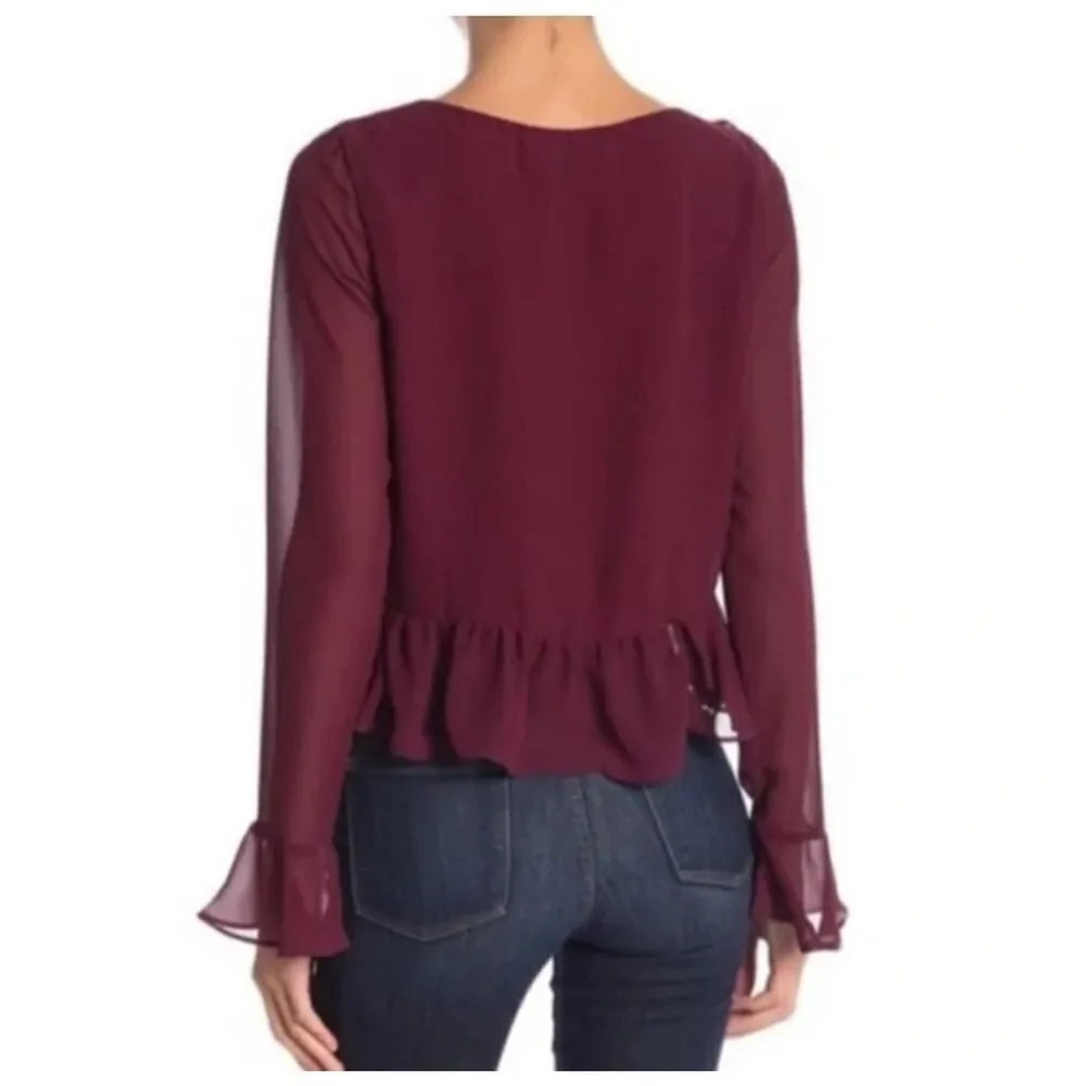 Line‎ & Dot Revolve Burgundy Violet Ruffled Long Bell Sleeve Blouse Size XS - Image 3