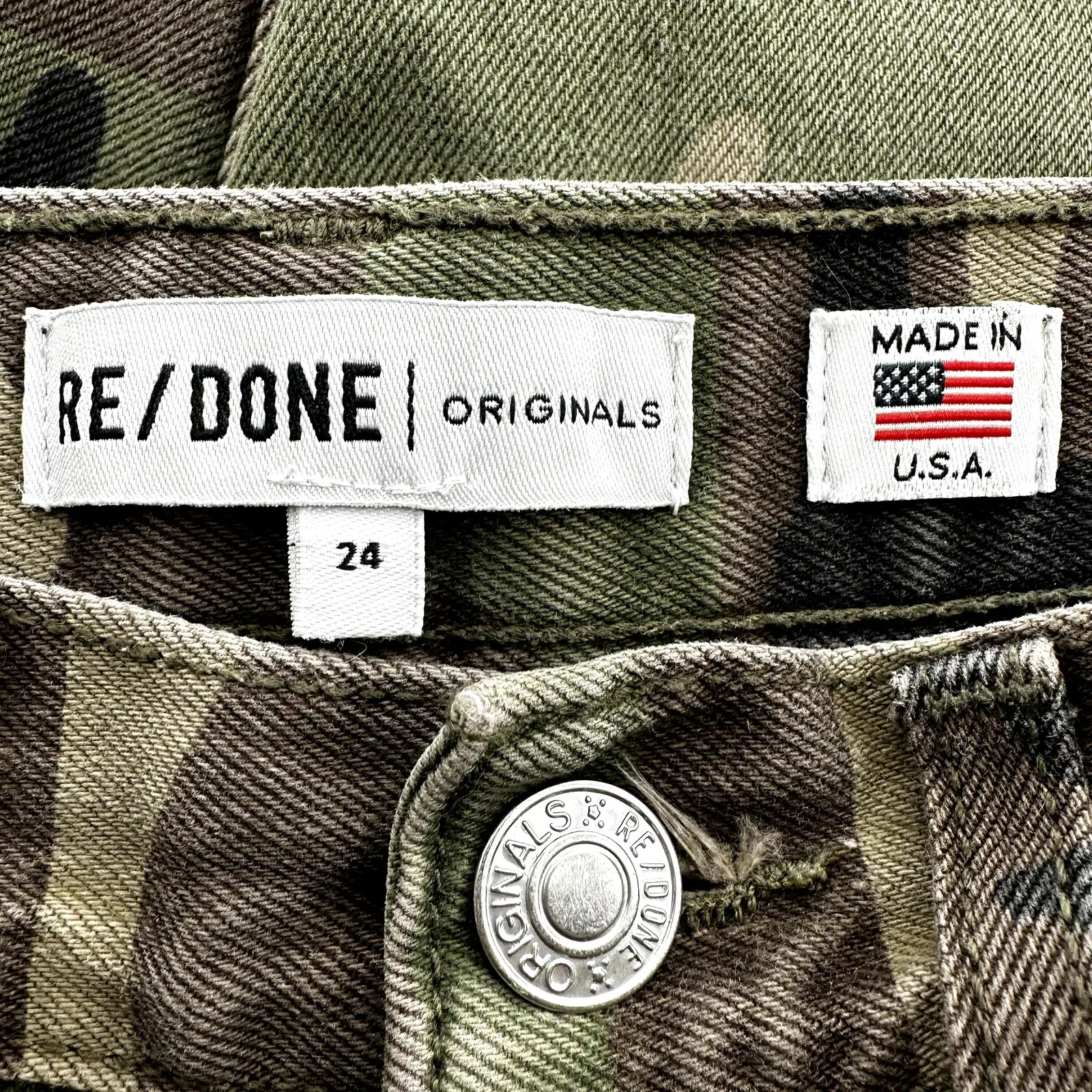 Re/Done 70s Stove Pipe Jeans Camouflage Denim High Rise Slim Straight Green 24 - Image 4