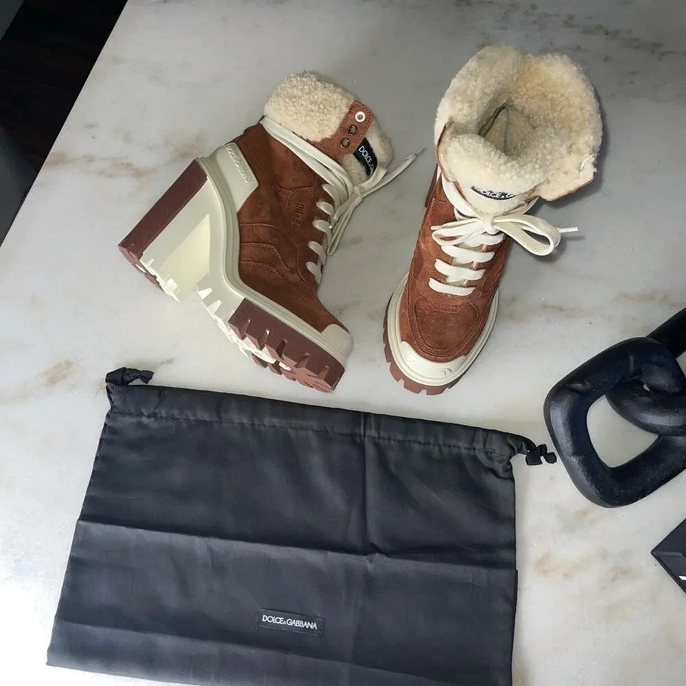 New Dolce & Gabbana Trekking Shearling Biker Ankle Boots in Burnt Brown/Neutral - Image 9