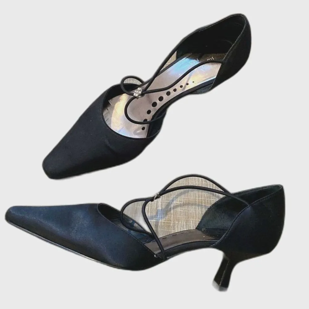Y2K Vintage Liz Claiborne Satin Strappy Black D'Orsay Heels 6.5 Evening Wedding - Image 3