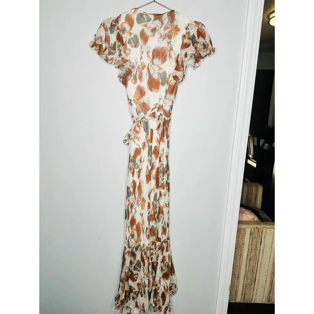 TANYA TAYLOR Floral Brown White Wrap Ruffle Sleeves Floral Blaire Dress Size 4 - Image 6
