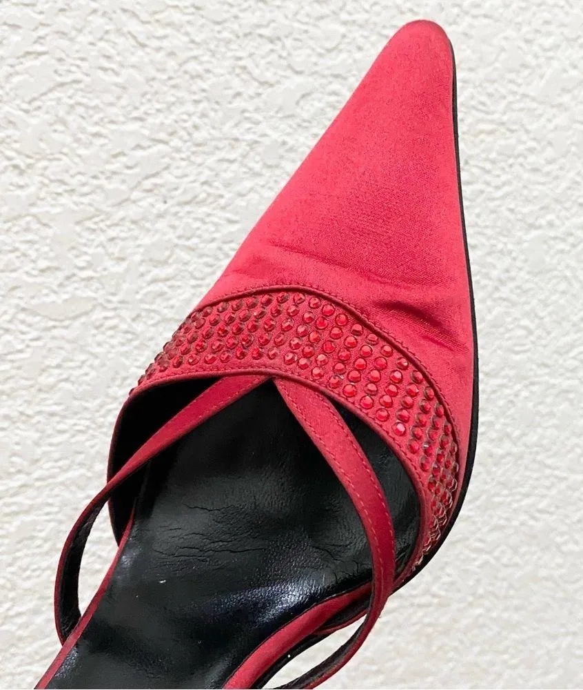 Vintage ESCADA Red Satin Embellished Pointy Toe Sling Back High Heels Pump 37 Size 6 - Image 9
