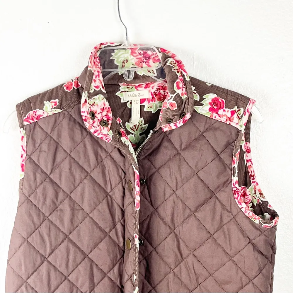 MATILDA JANE Sydney Reversible Brown Quilted Corduroy Floral Vest, Size Small - Image 9