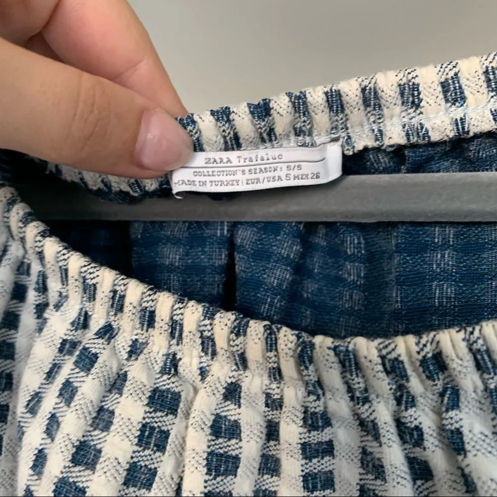 Zara Trafaluc Blue Gingham Cropped Peasant Off Shoulder Top Flouncy Size S - Image 12