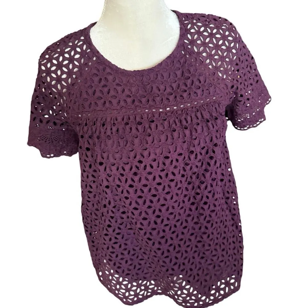 J.Crew Eyelet purple blouse top lace deep purple sz 8 flowy pullover shirt women - Image 2