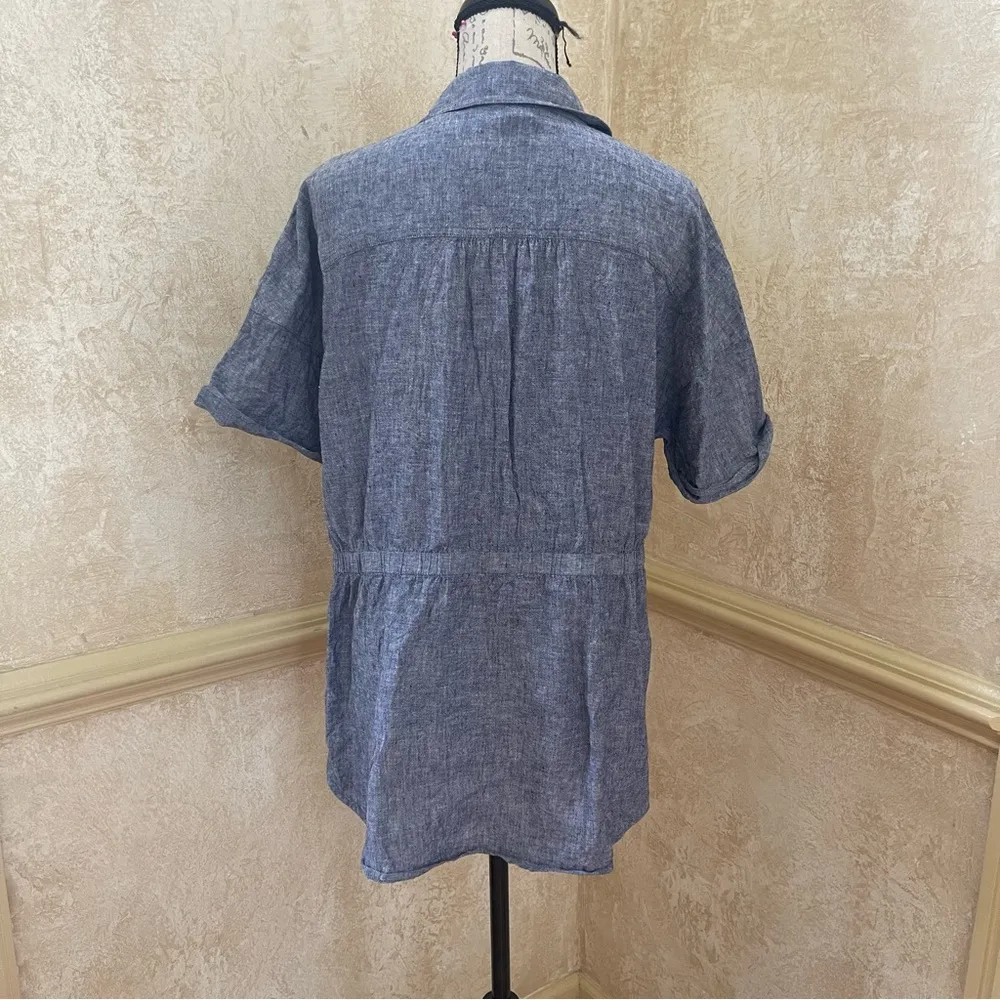 Carlson Chambray Linen Button Up Top Tunic Twisted waist front Blue Sz medium - Image 4