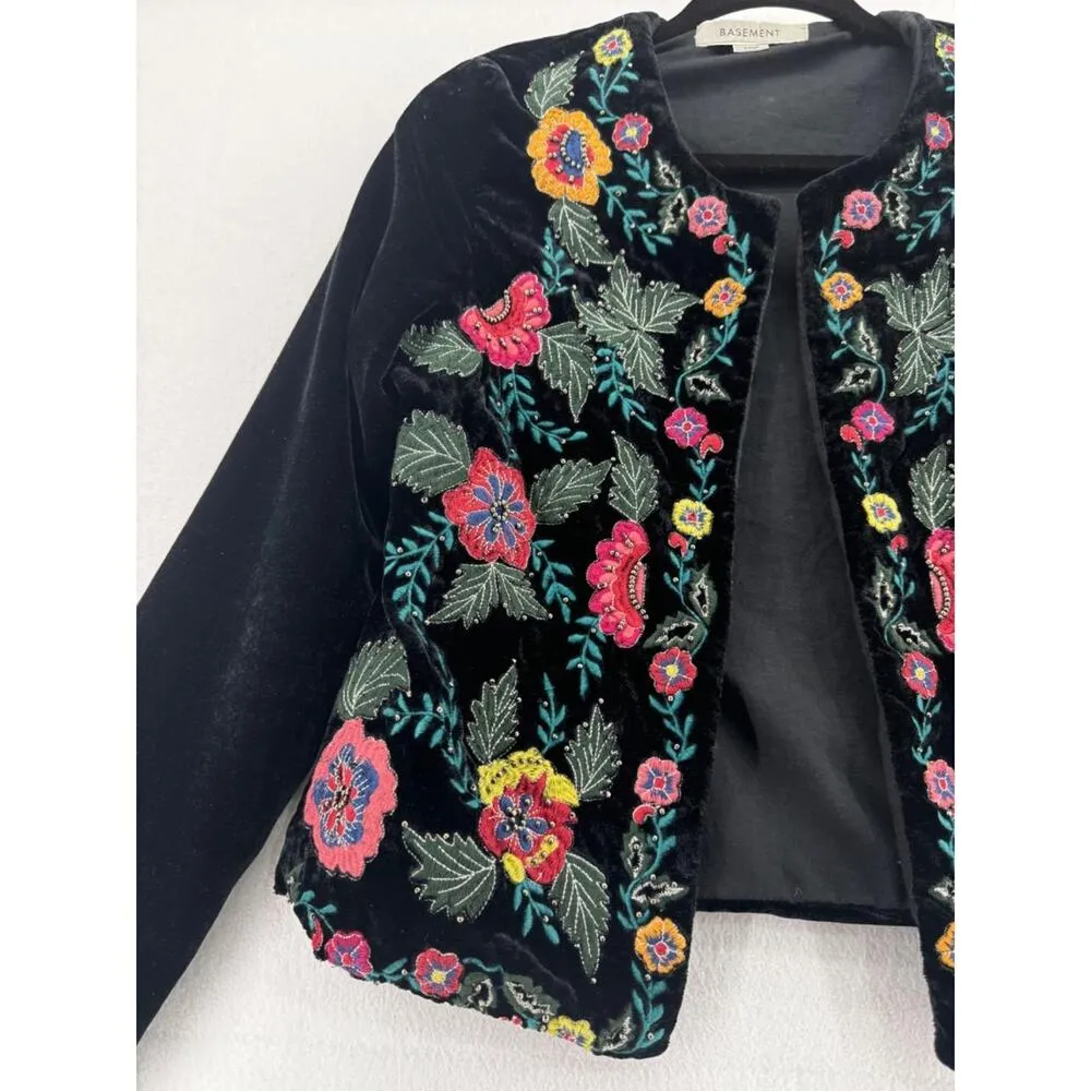 Basement black jacket blazer velvet base with multi colored thread embroidery S - Image 5