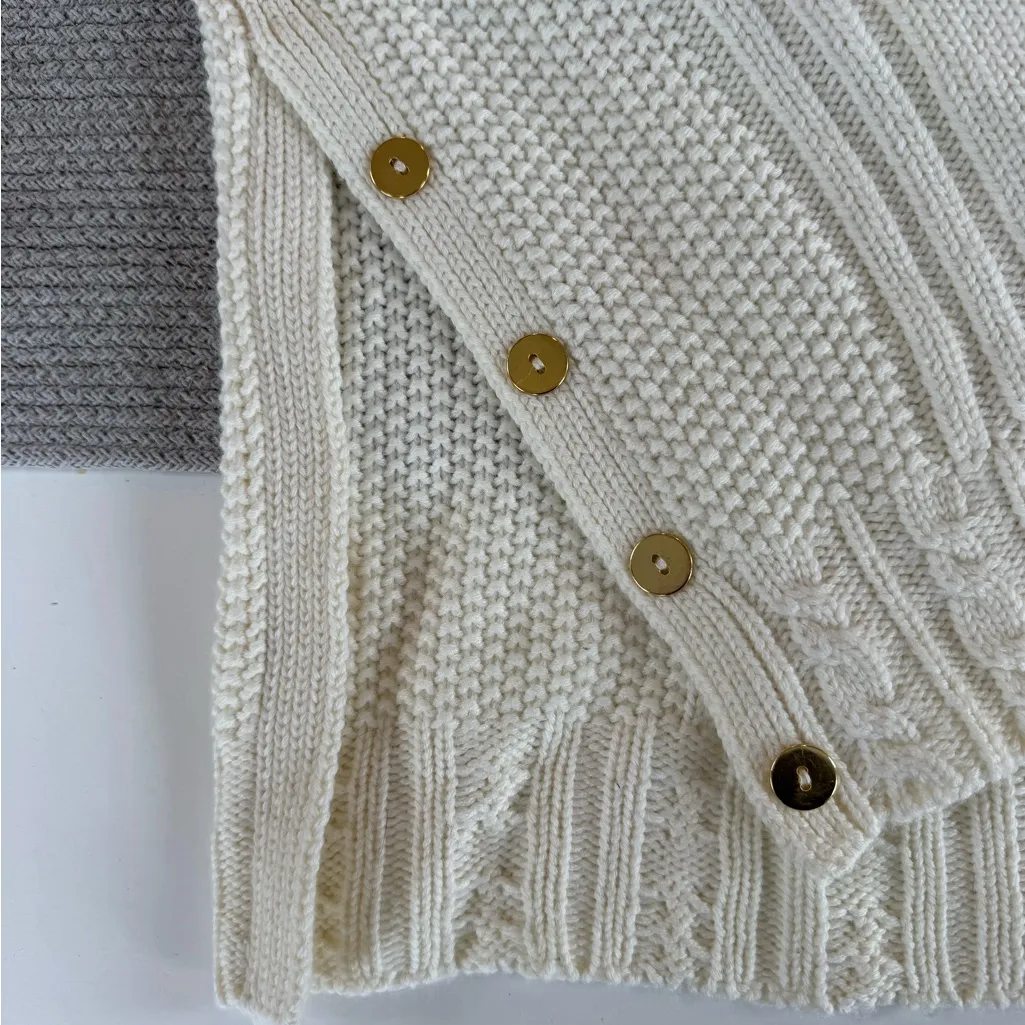 The Reeds x J. Crew Ivory Cable Knit Side Button Mockneck Sweater Size Large - Image 13