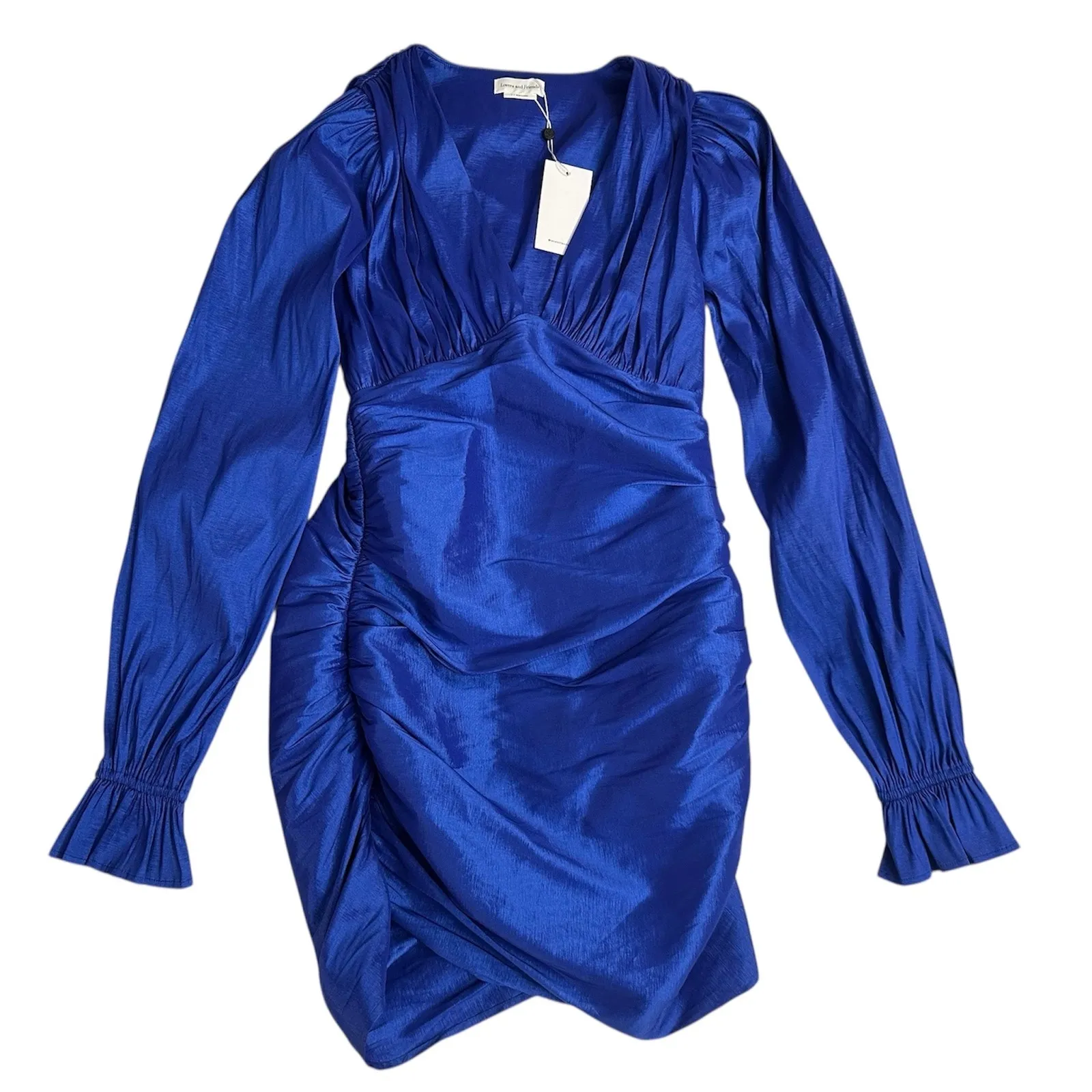 Lovers and Friends Mini Dress Ruched Blue Taffeta Ballon Sleeves New - Image 4
