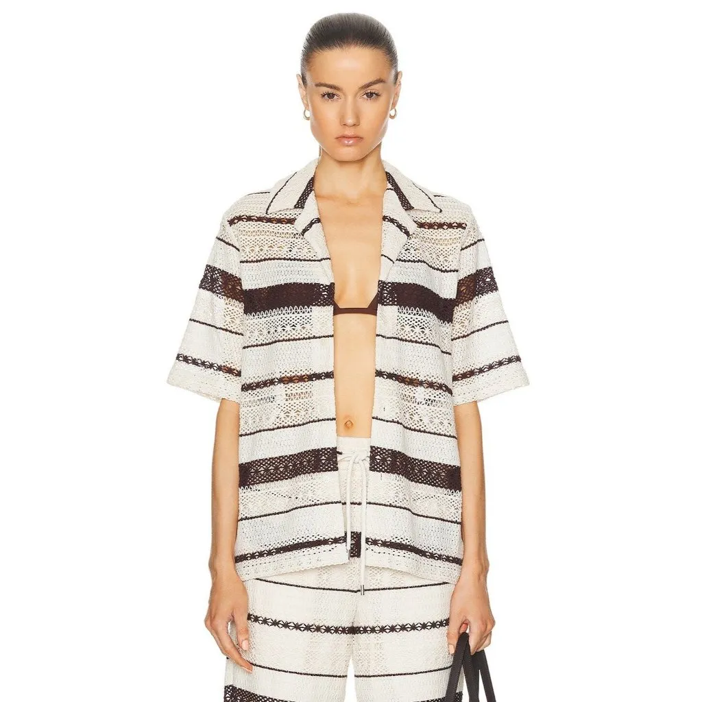 WAO Crochet Stripe Camp Shirt in Natural & Brown Medium New Womens Top - Image 4