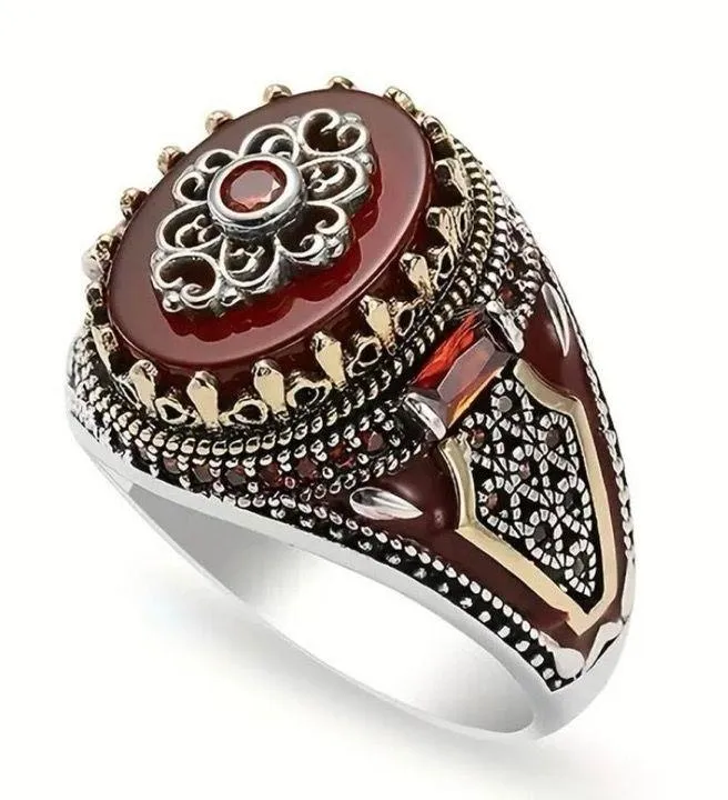 Vintage Silvery Crown Y2K Ring Size 9 Engraved Print Red Gothic - Image 3