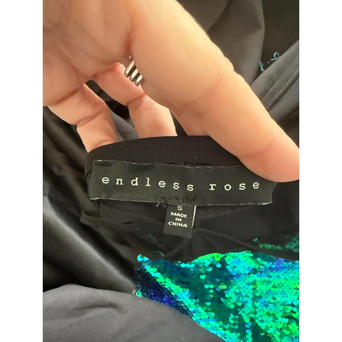 Anthropologie Endless Rose Party Dress with Blue-Green Sequins and Black Mesh - Image 7