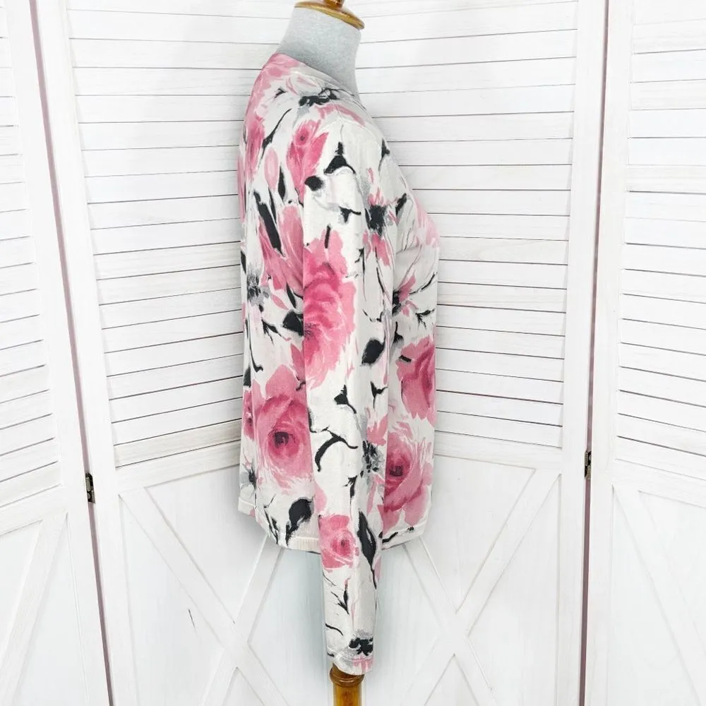 Jones New York Floral Silk Blend V Neck Cardigan Sweater‎ Cream Pink Medium - Image 3