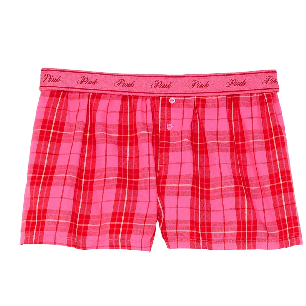 PINK VICTORIA’S SECRET Flannel Boxy Pajama Shorts Rose Red Plaid Soft Comfy XL - Image 2