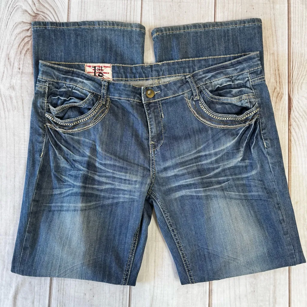 1st Kiss Root Bootcut Embellished Jeans Distressed Thrashed Low Rise Medium Wash - Image 1