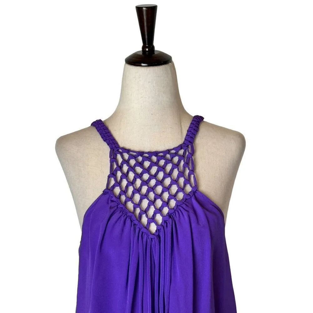 Rebecca Taylor Shirt Women Size 4 Purple Silk Braided Trim Fringe‎ Tank Camisole - Image 4