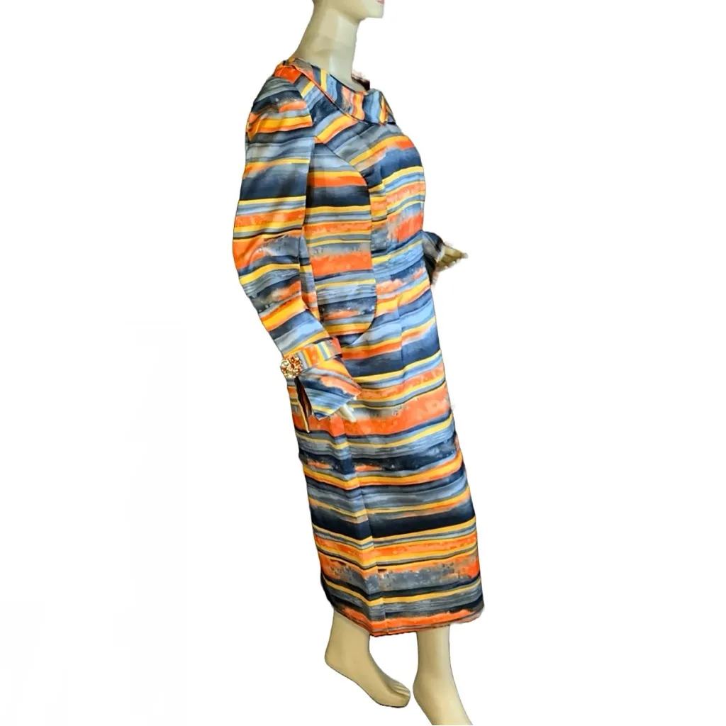 LILLY & TAYLOR ORANGE, YELLOW & GRAY STRIPED WIGGLE DRESS WITH JEWEL CUFFS (8) - Image 4