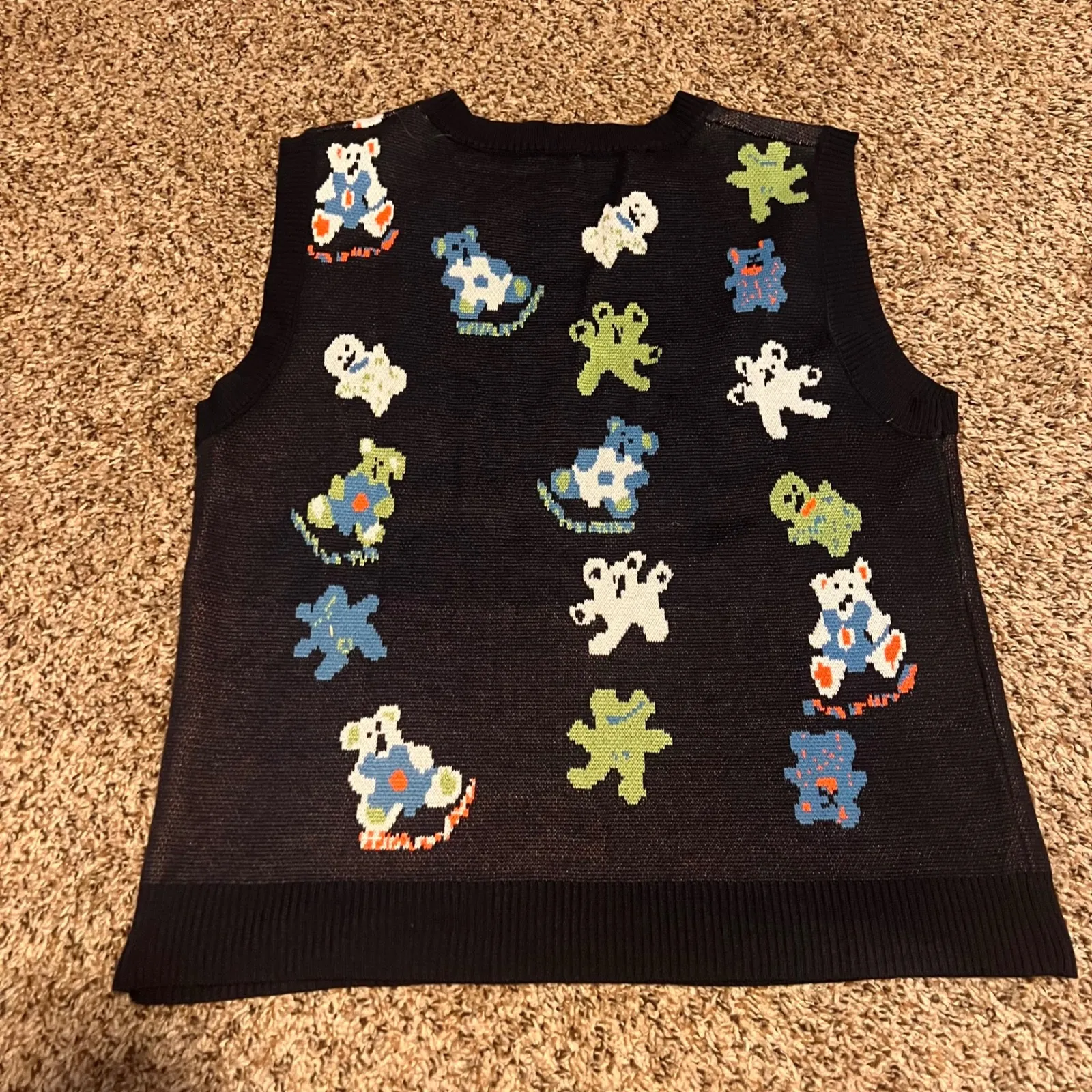 Novelty Sleeveless Knit Sweater Vest Funky Characters Quirky Print L Black Size L - Image 5