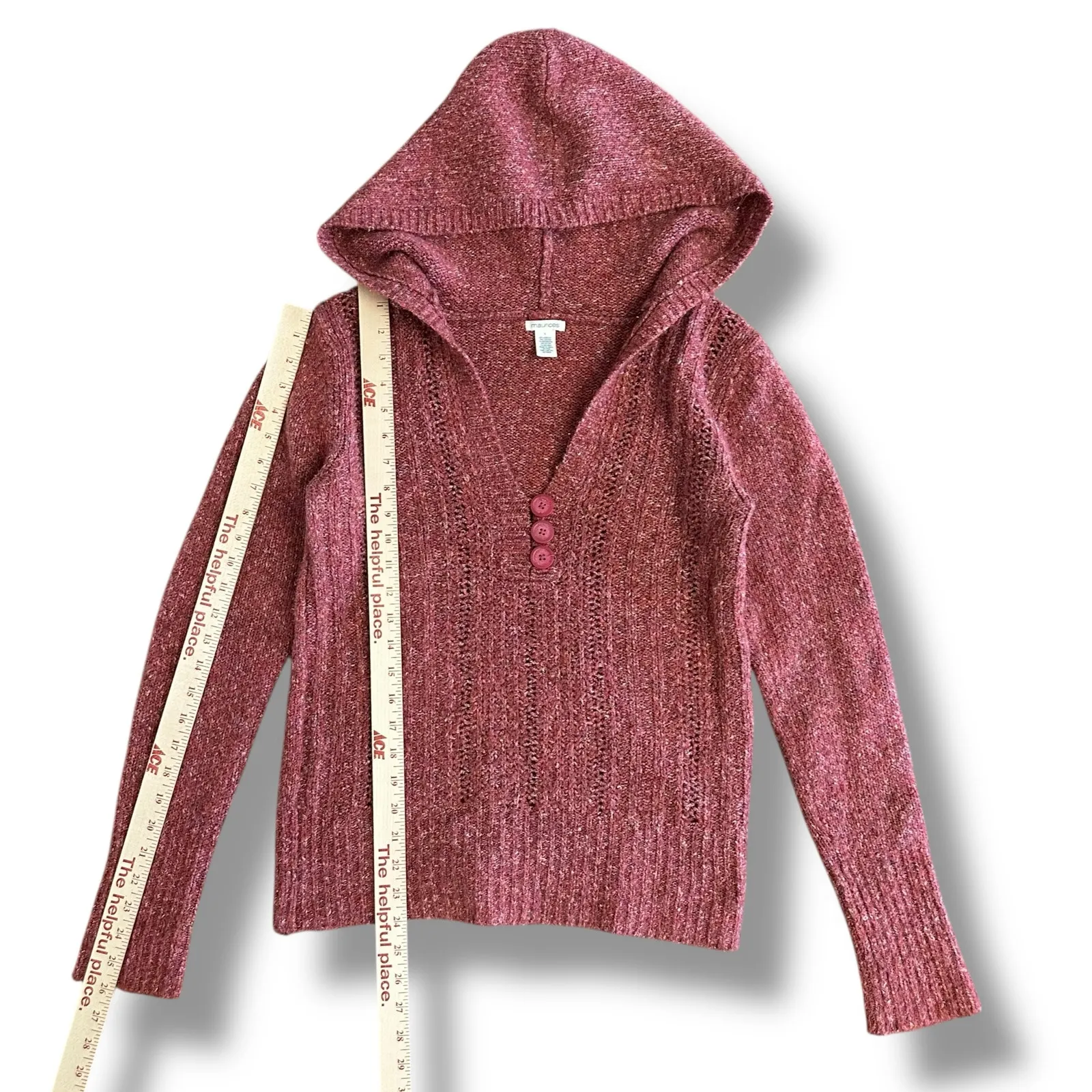 Maurices Y2K Marled Knit Hoodie Sweater‎ Pink Pullover w/ Buttons Large - Image 4