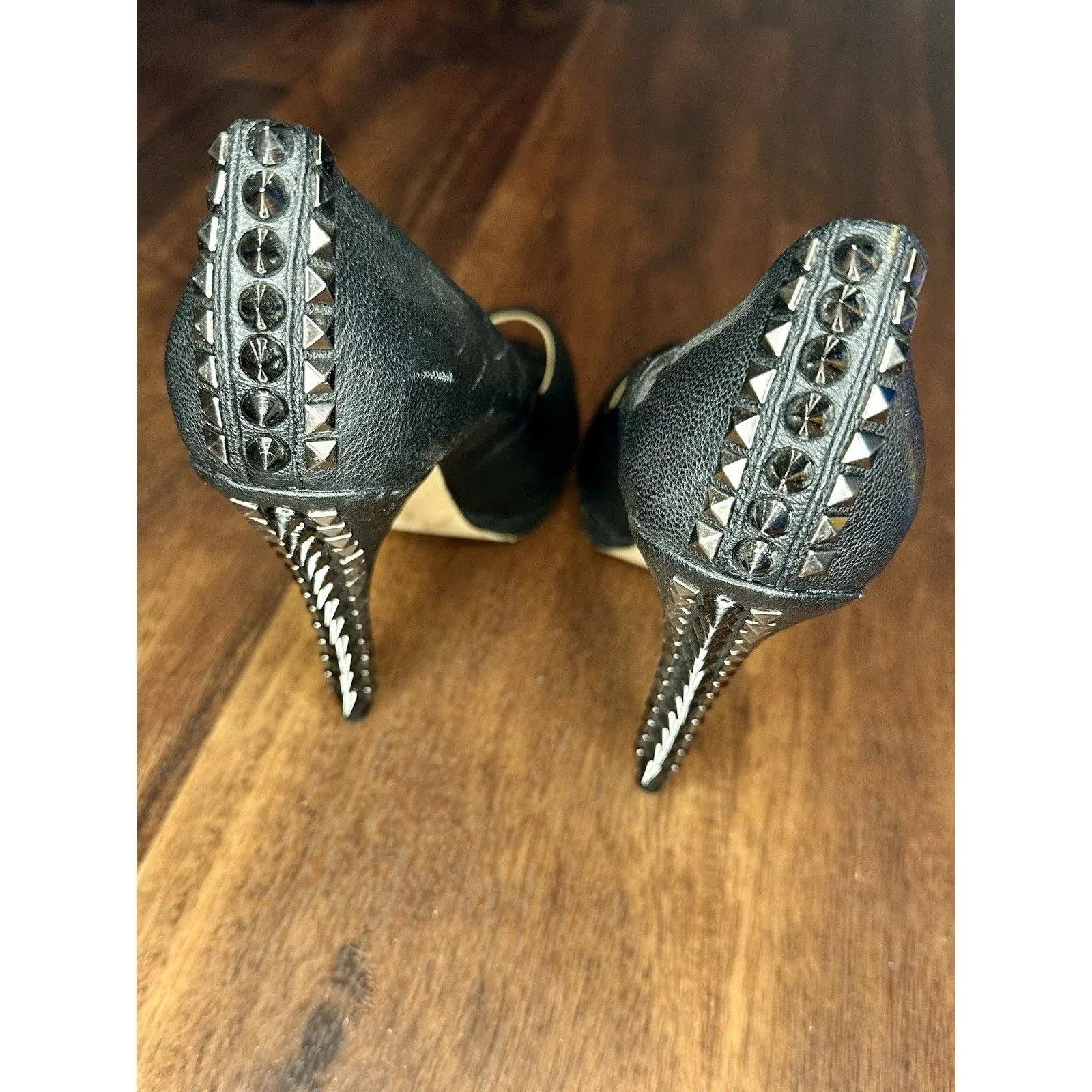 BCBG Max Azria "Roxanne" Studded Black Leather Peep Toe Heels Size 8 EUC!!! - Image 3