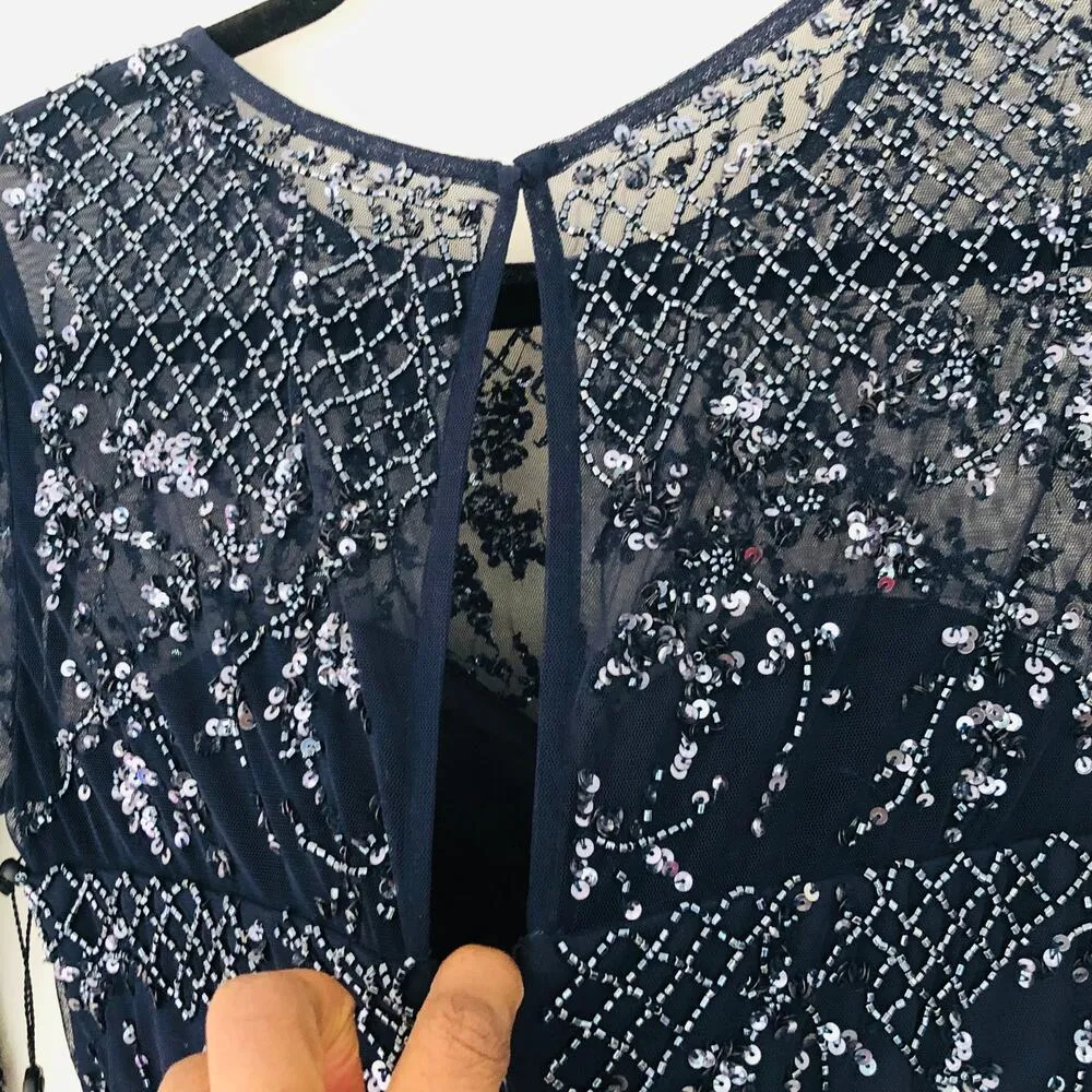 New Adrianna Papell Blue Beaded Illusion Short Sheath Dress Embellished Size 4 - Image 8