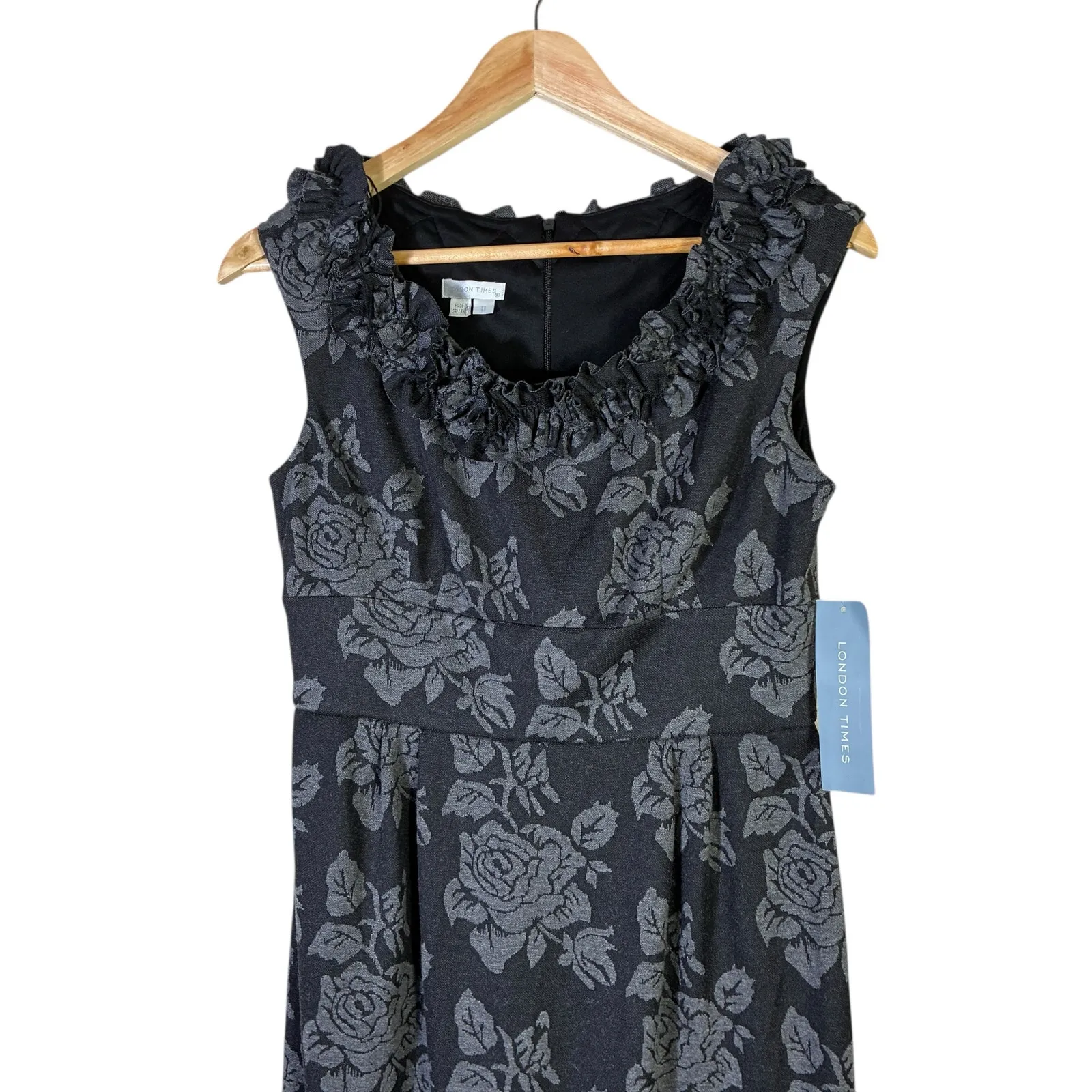 NWT London Times Floral Ruffle Sheath Dress Womens 8 Black Knit Modest Church - Image 3