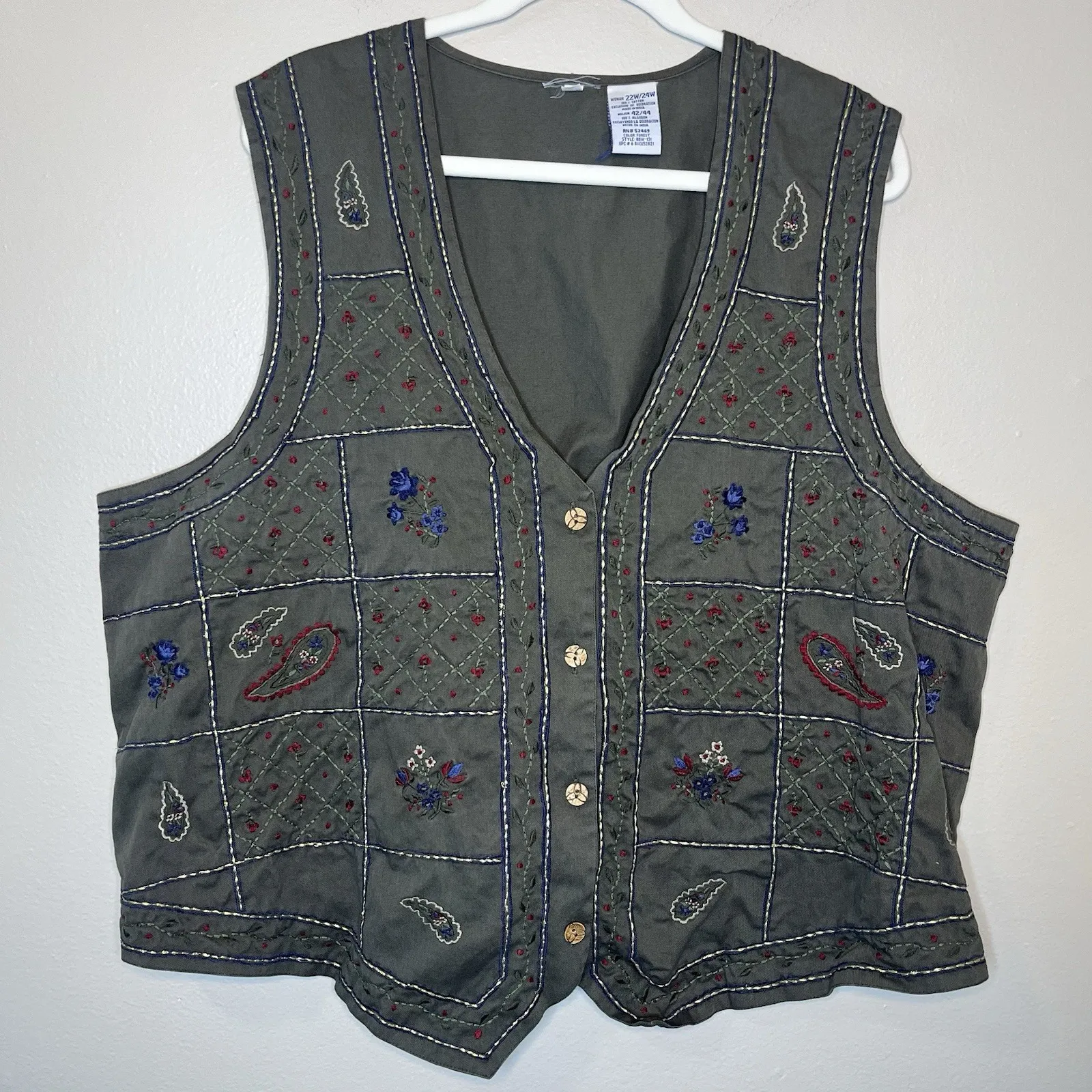 Vtg Women's Vest 22W 24W Embroidered Paisley Floral Green Cottage Hipster Boho - Image 2