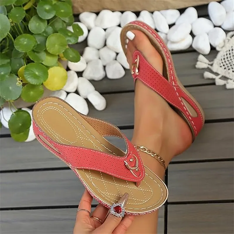 NWT ~ Red Summer Wedges Thong Flip Flop Sandals Boho Shoes ~ Women's Size 9 1/2 - Image 3