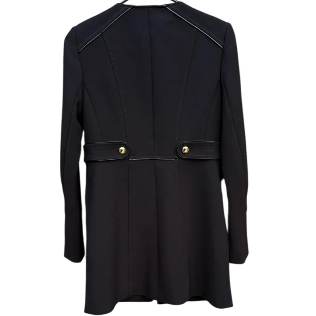 EUC White House Black Market Faux Leather Trimmed Long Line Duster Jacket Top XS - Image 3