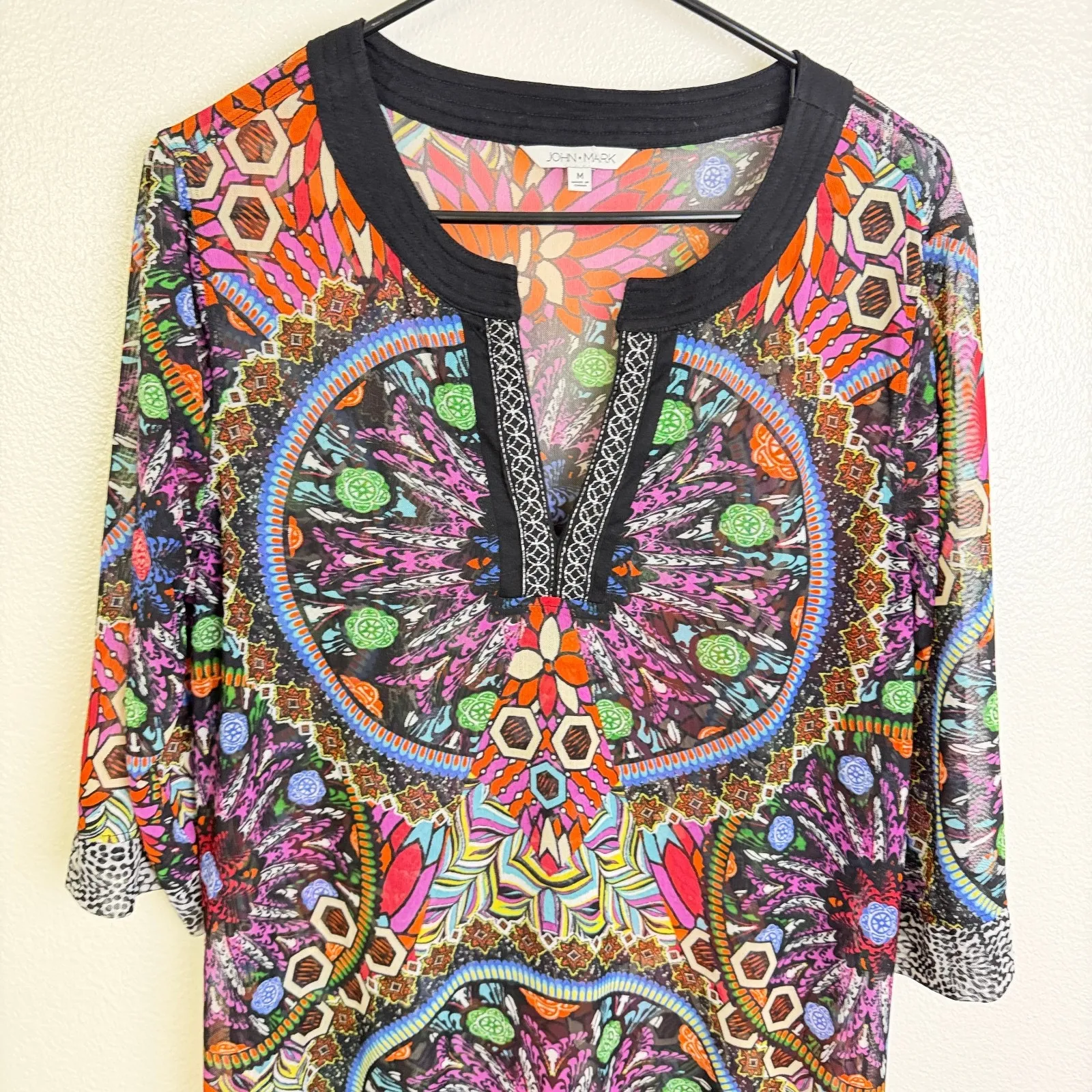 John Mark Mesh Tunic Top Womens Medium V Neck Colorful Printed Fringe Cover Up Black - Image 3