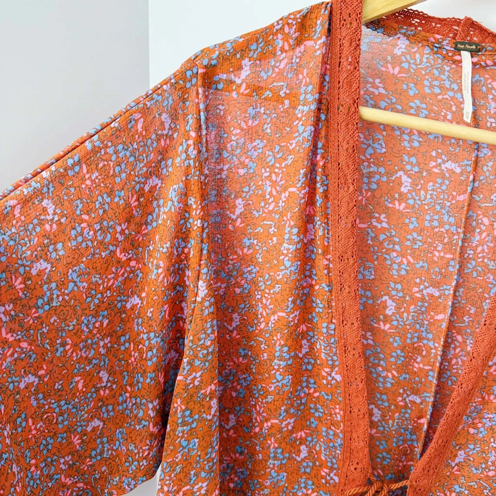 Free People Lola Kimono Wild Red Ditsy Floral Tassel Tie Front Bell Sleeves XS - Image 6