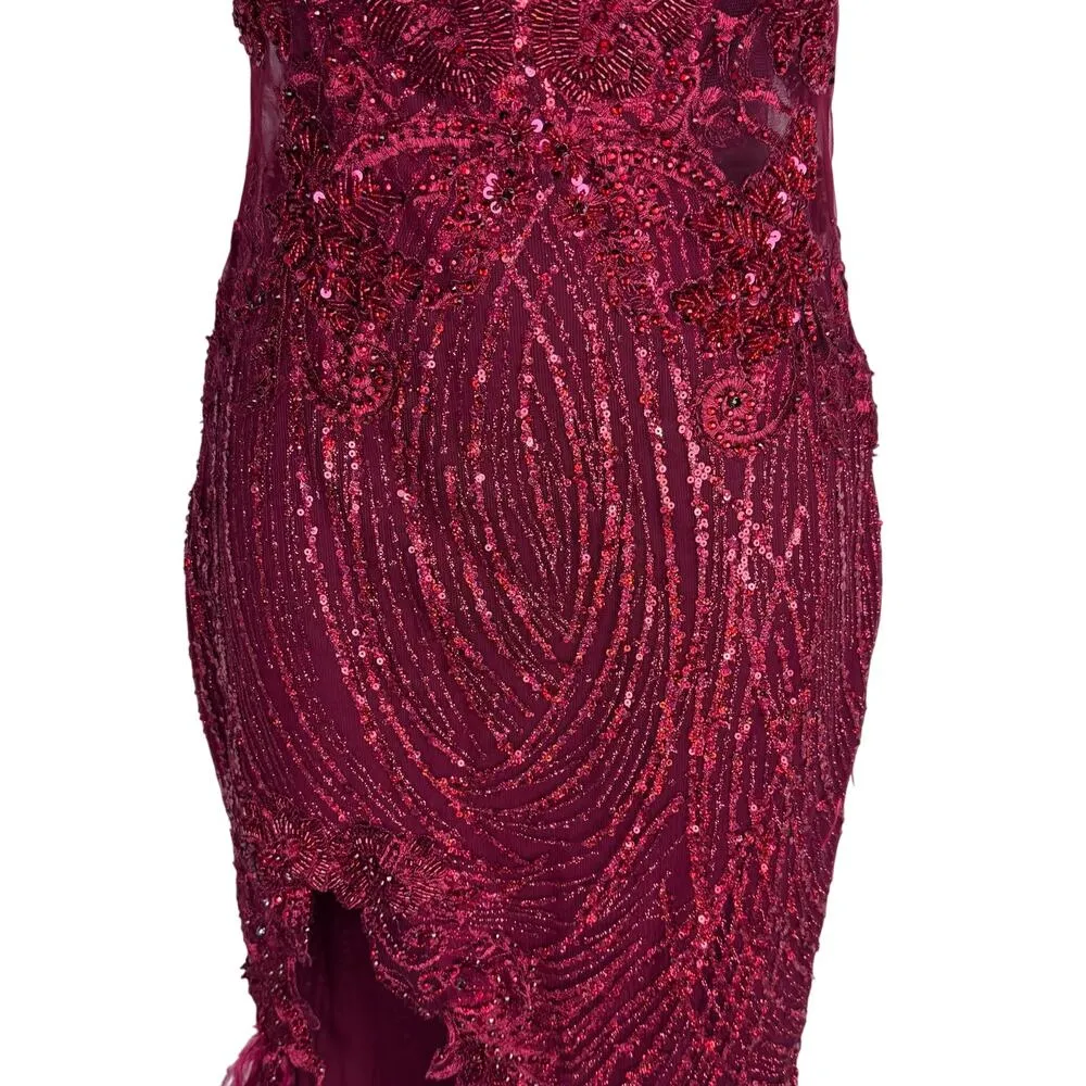 PORTIA AND SCARLETT Red Glitter Feather Gown Dress with Train PS21228 Size Size 0 - Image 11