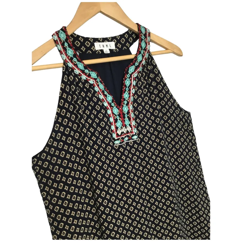 THML Faye Boho A Line Embroidered Halter V Neck Geometric Dress Navy L - Image 4