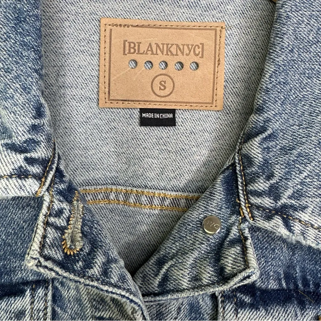 Blank NYC Distressed Blue Denim Jean Jacket Neon Yellow Side Zipper Details - Image 4