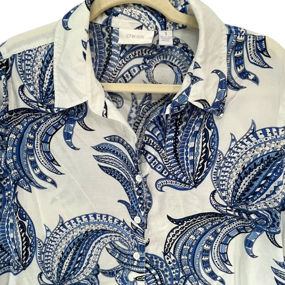 Chicos Blouse Womens US M Blue White Paisley Cotton Silk Button 3/4 Retro Boho - Image 3