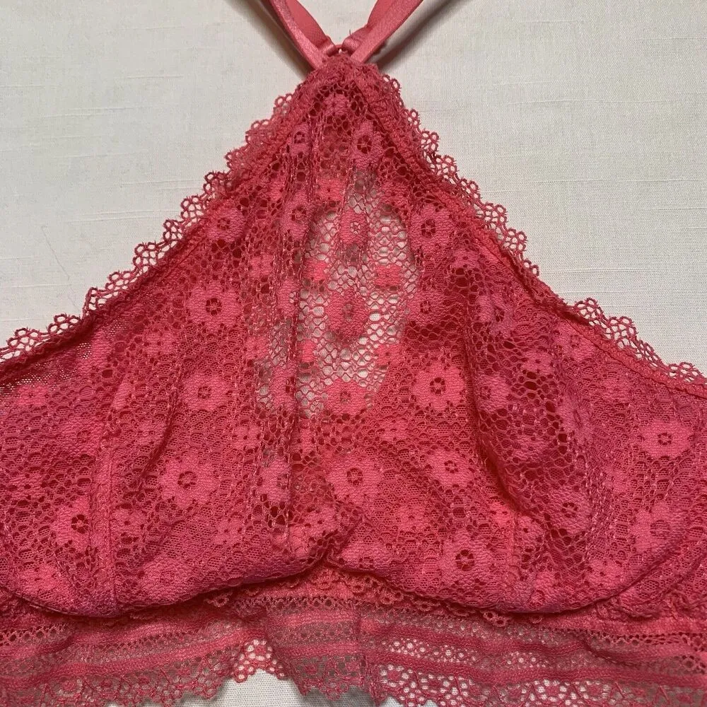 Victoria’s Secret Bralette Pink Lace Sz S Floral Very High Neck Sexy Underwire - Image 3