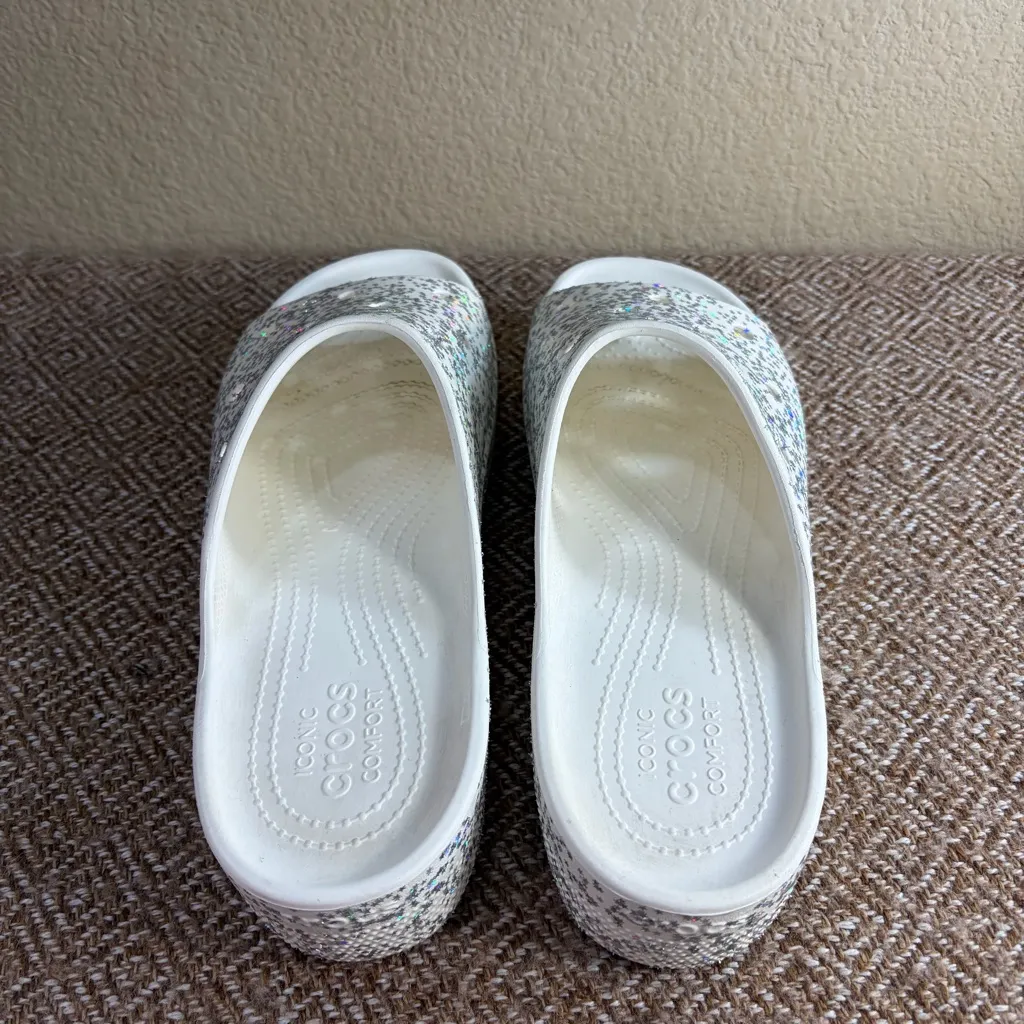 Crocs White Sparkly Stars Open Toe Platform Sandals Slides Slip On Sz 10 Retro - Image 3